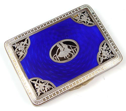 Appraisal: CONTINENTAL ENAMEL SILVER BOX Blue enamel over continental fine silver