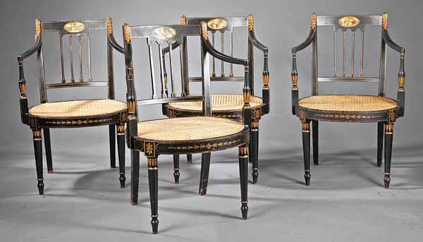 Appraisal: A Set of Four Antique Regency-Style Paint-Decorated Armchairs the curved