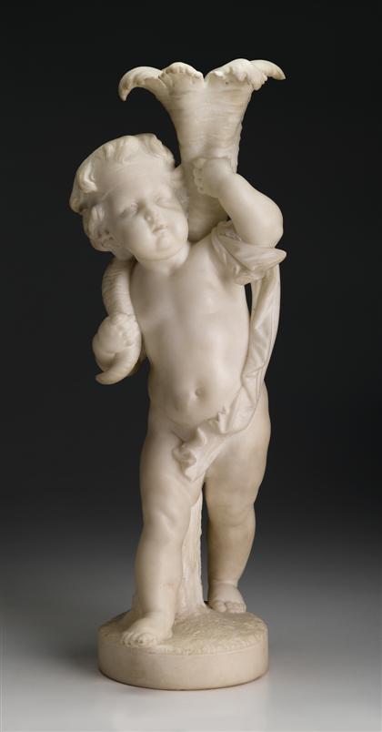 Appraisal: Italian Carrera marble torchereCarved to show a standing Putti supporting