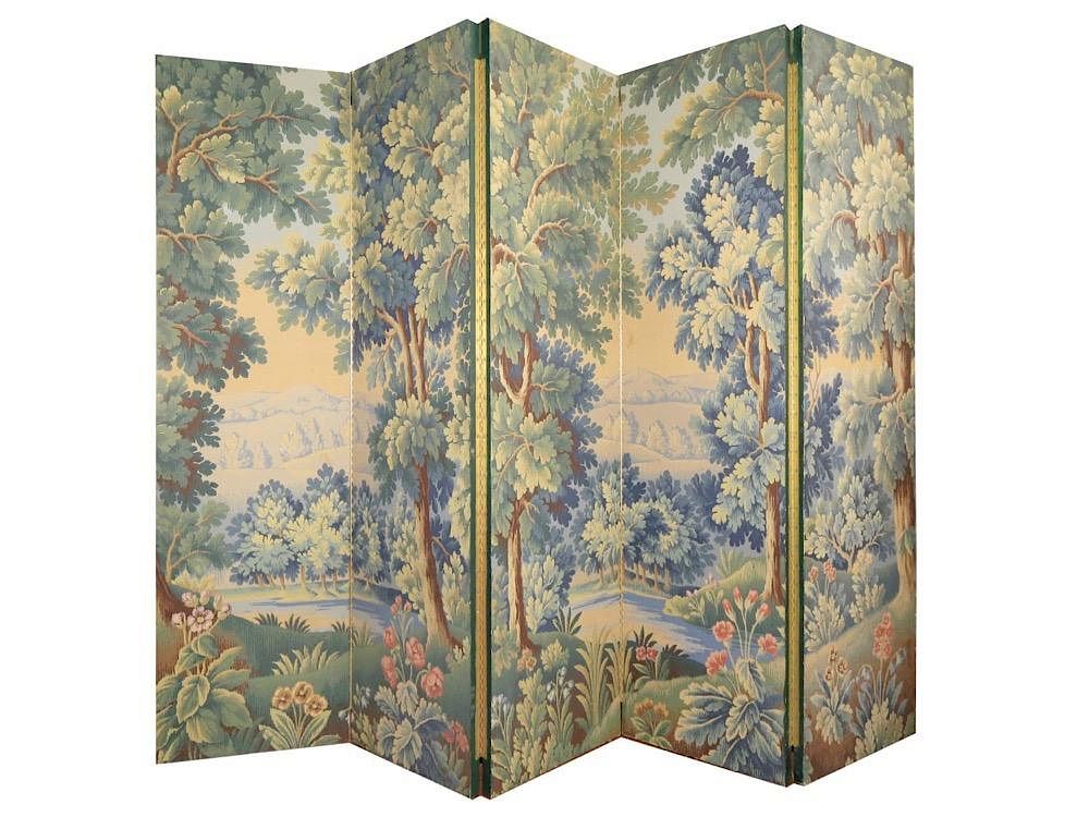 Appraisal: A Five Panel Verdure Tapestry Pattern Screen Depicting a lush