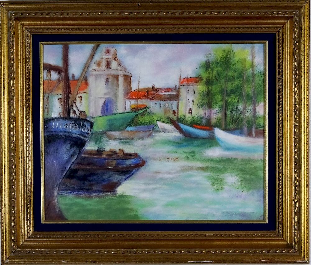 Appraisal: French Enamel On Copper River Cityscape Art Plaque Large enamel