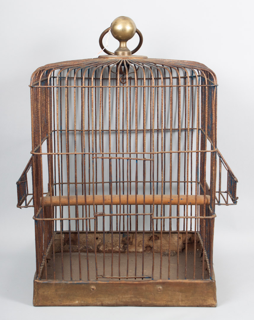 Appraisal: French wirework and brass bird cage dated square-form cage with