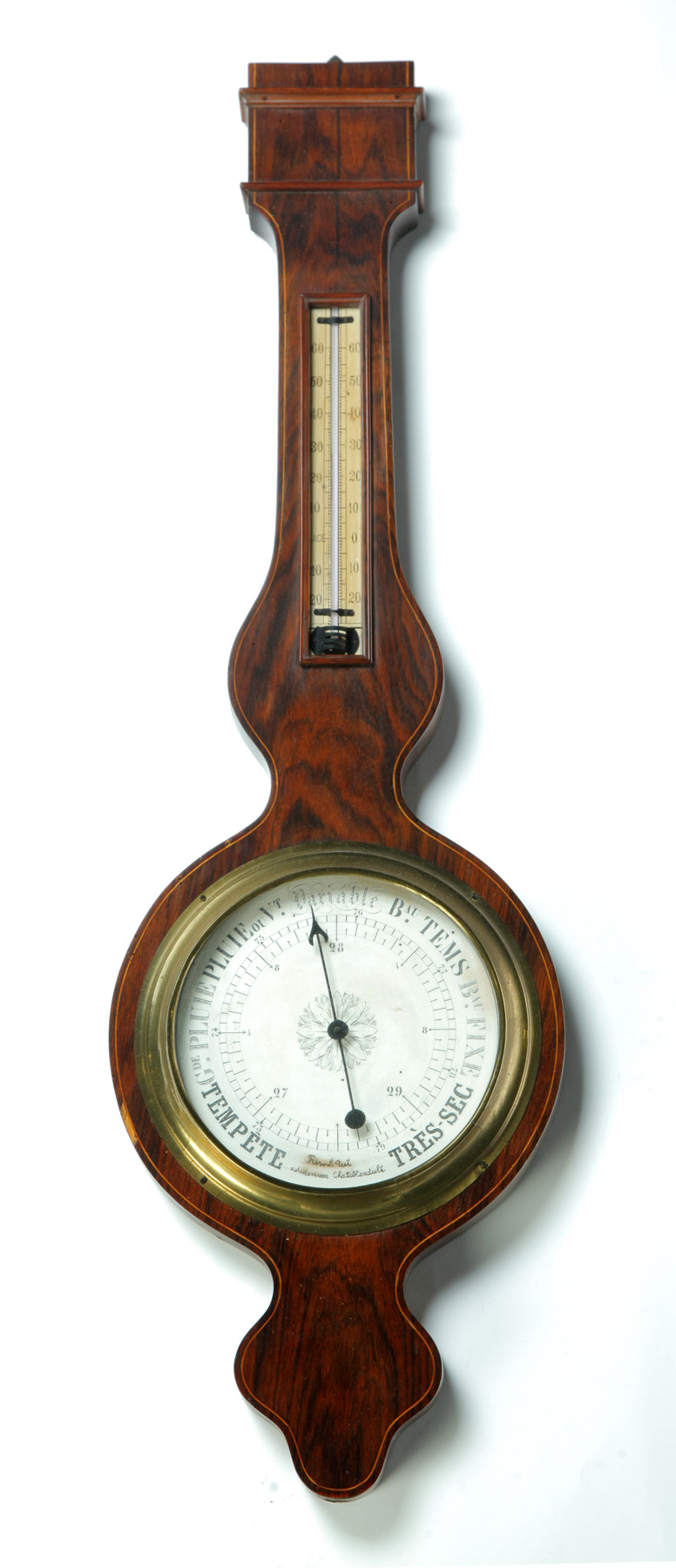 Appraisal: FRENCH BANJO-SHAPE BAROMETER Mid th century Mahogany with line inlays