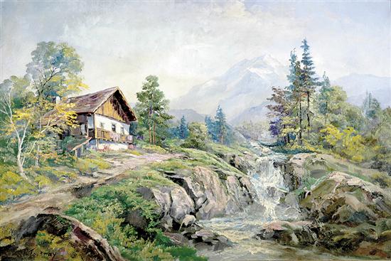 Appraisal: H Tournay Swiss b COTTAGE ALONG THE WATERFALLoil on canvas