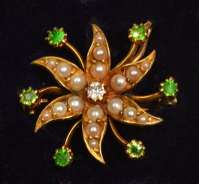 Appraisal: A K GOLD BAR BROOCH of floral form with pearl