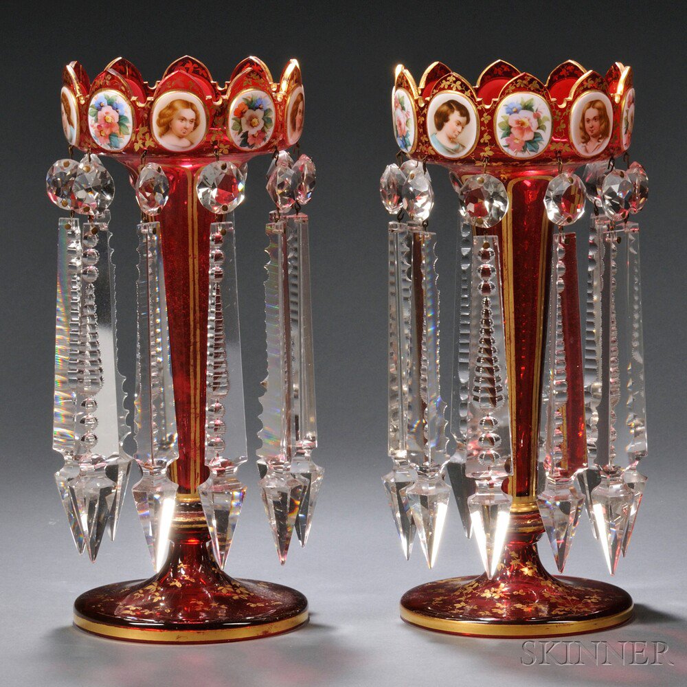 Appraisal: Pair of Bohemian Cranberry Glass Girandoles th century gilded trim