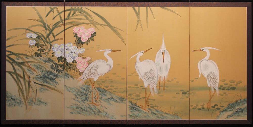 Appraisal: JAPANESE FOUR-PANEL TABLE SCREEN ink and color on silk egret