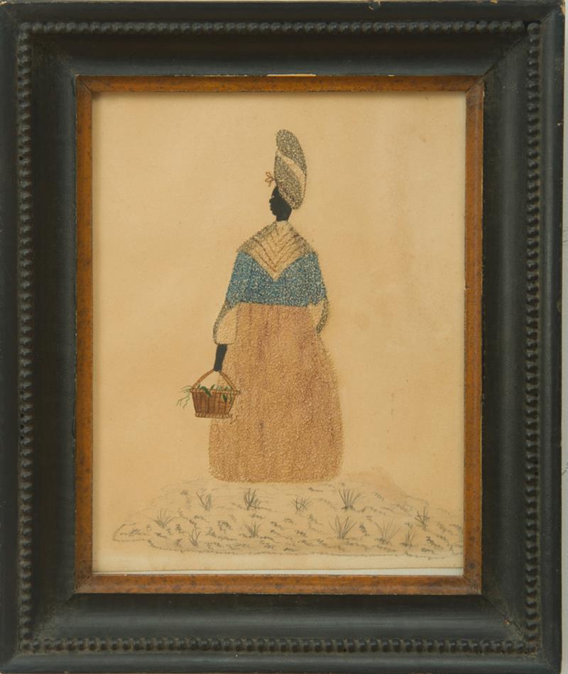 Appraisal: AMERICAN SCHOOL WOMAN CARRYING A MARKET BASKET Pinprick watercolor and