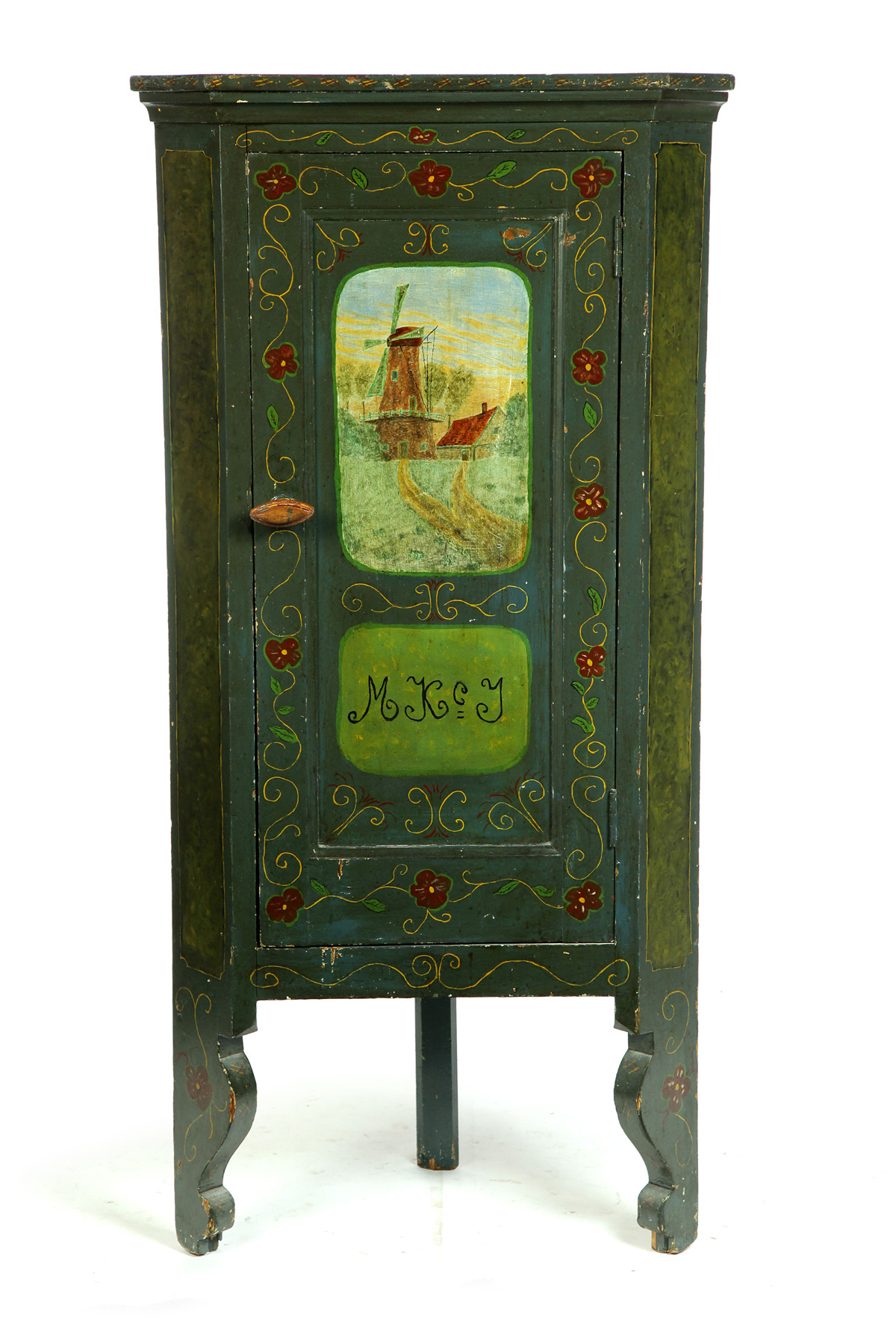 Appraisal: DIMINUTIVE EUROPEAN DECORATED CORNER CUPBOARD Nineteenth century pine One-piece cupboard