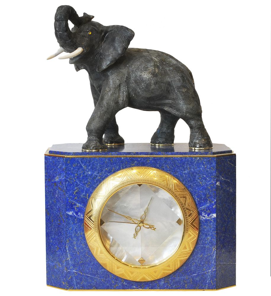 Appraisal: Unusual Elephant Clock with Lapis Vermeil Silver Mantle clock with