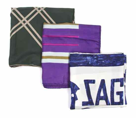 Appraisal: Three Pauline Trigere Silk Scarves blue and cream 'Sagitarius' motif