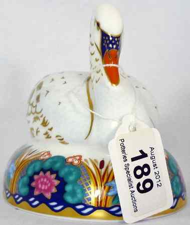 Appraisal: Royal Crown Derby Paperweight Nestling Swan Gold Stopper Boxed