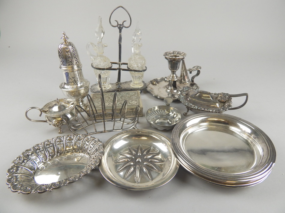 Appraisal: Assorted silver plated ware including chamberstick sugar castor toast rack