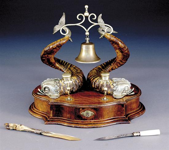 Appraisal: English gentlemen's inkstand late th centurytwo silverplate and horn dolphins