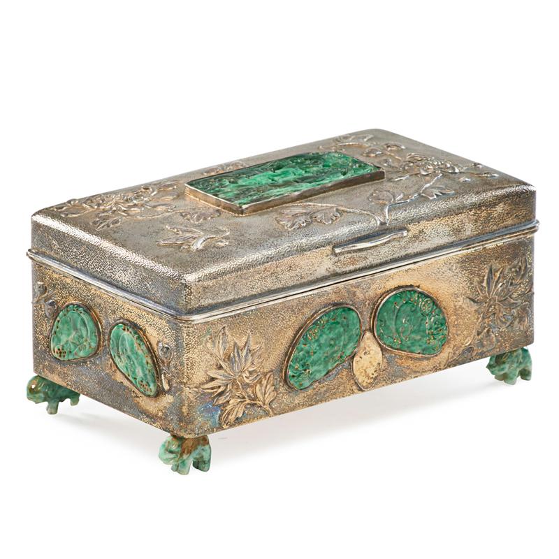 Appraisal: CHINESE EXPORT JADE INSET SILVER CIGARETTE BOX Decorated with chrysanthemums