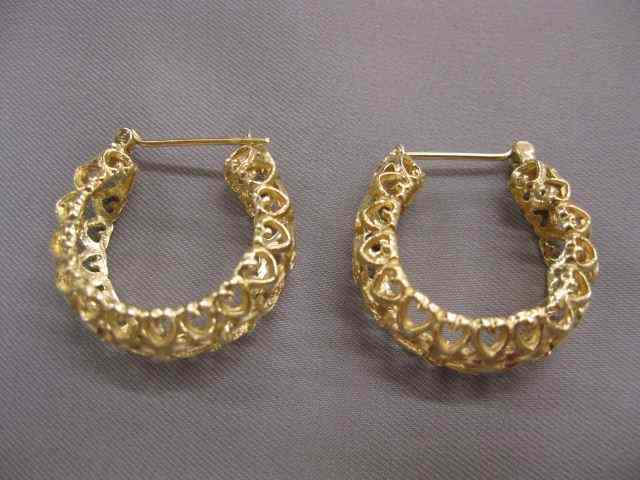 Appraisal: k Gold Earrings fancy openwork hoops '' yellow gold grams