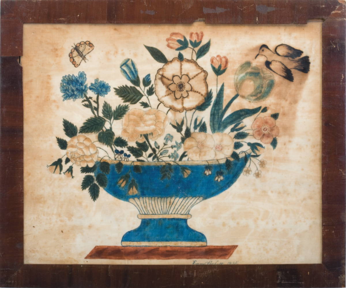 Appraisal: AMERICAN VELVET THEOREM WITH BASKET OF FLOWERS AND BIRD AND