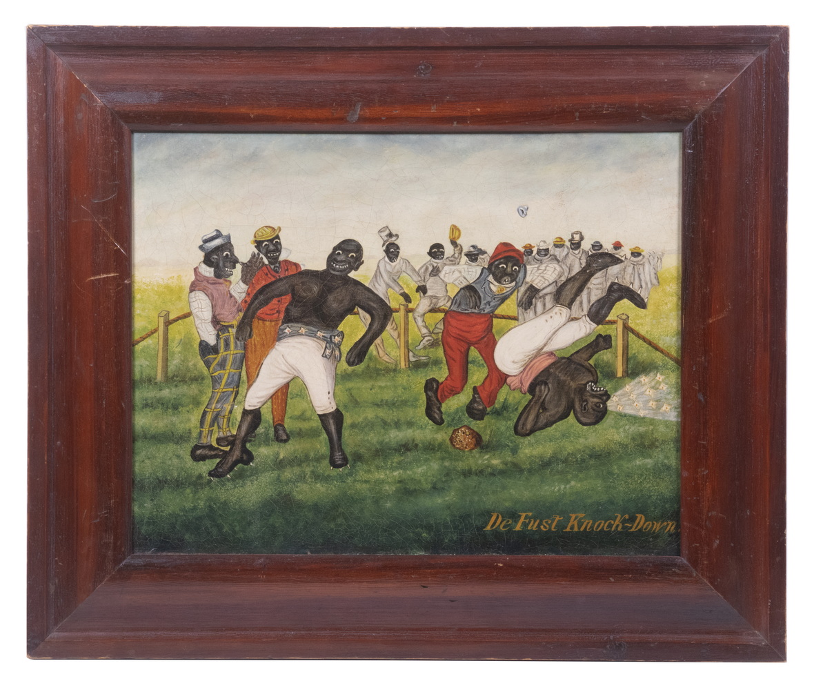 Appraisal: FOLK ART BLACKIANA BOXING SCENE CIRCA De Fust Knock-Down oil