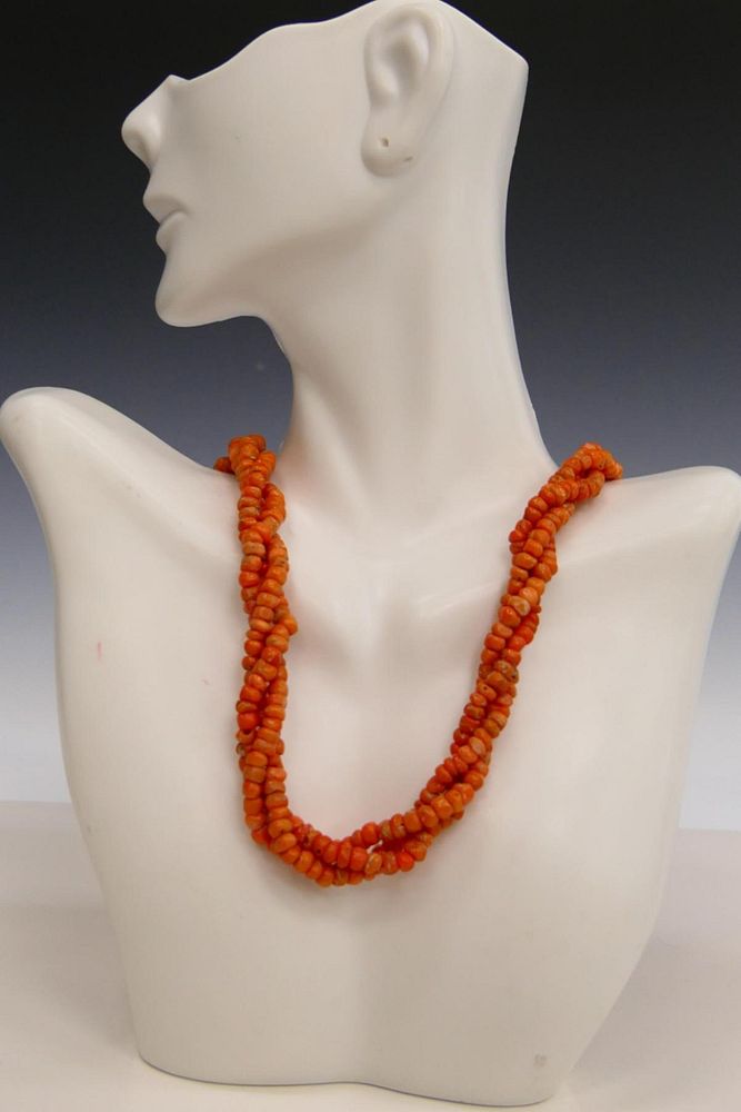 Appraisal: CHINESE KT Y GOLD AND RED CORAL BEADED NECKLACE Measures