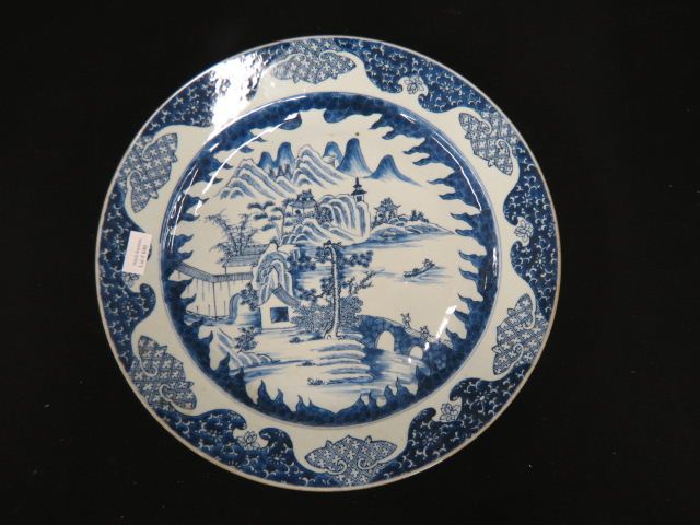 Appraisal: Chinese Blue White Porcelain Charger landscape with lake villagers mountains