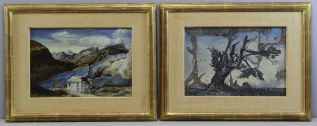 Appraisal: BAK Samuel Two Surrealist Landscapes Gouache or oil on board