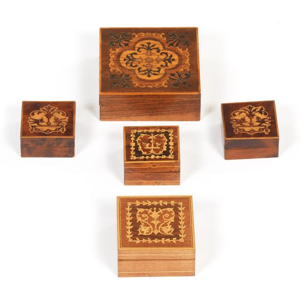 Appraisal: Five Vintage Falk Art Marquetry Mini Boxes Consisting of five