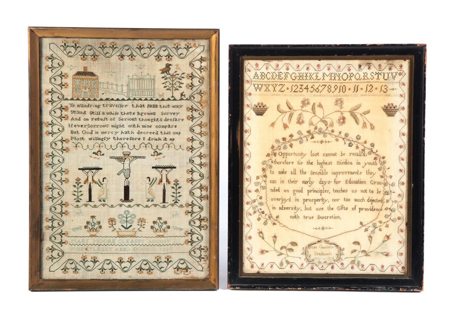 Appraisal: TWO ENGLISH SAMPLERS Whittlesey dated silk on wool Detailed Crucifixion