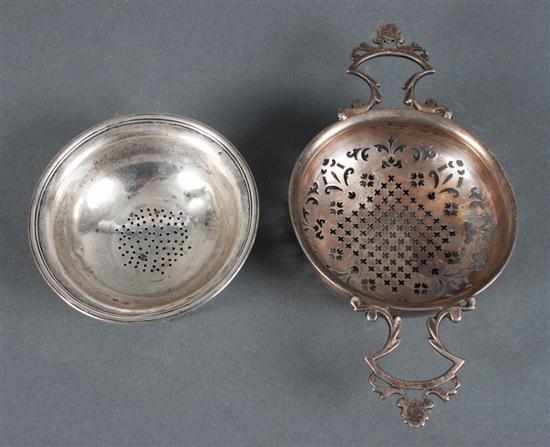 Appraisal: Silver tea strainer and partial wine funnel th century the