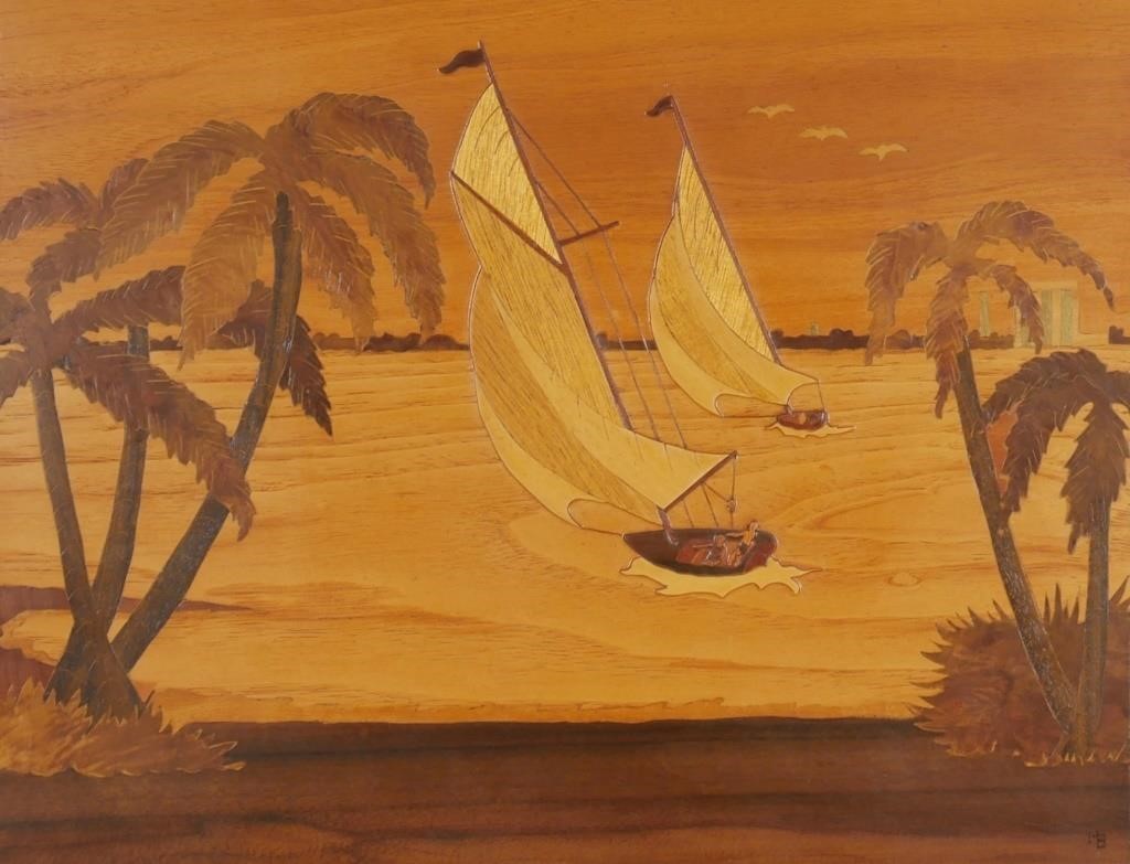 Appraisal: Marquetry cut wood scene of a two sailboat on what