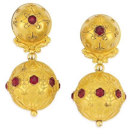 Appraisal: Pair of Etruscan Revival Gold and Garnet Pendant-Earrings Estimate -