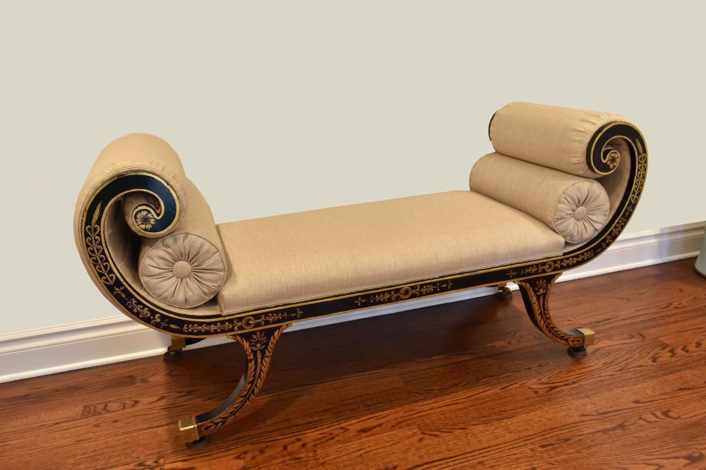 Appraisal: REGENCY STYLE PAINTED WINDOW SEATThe rectangular upholstered seat flanked by