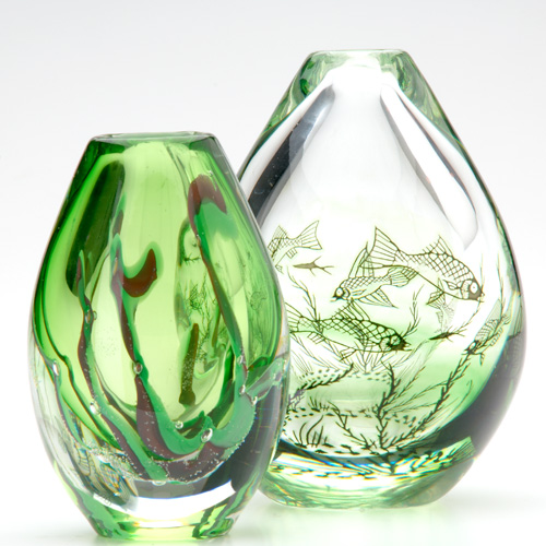 Appraisal: ORREFORS KOSTA Two green glass vases Fishgraal vase by Edward