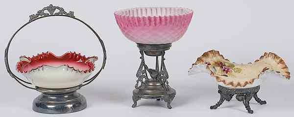 Appraisal: Victorian Glass Brides Baskets American a group of three Victorian