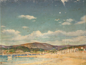 Appraisal: British School early th century- Coastal scene with beach huts