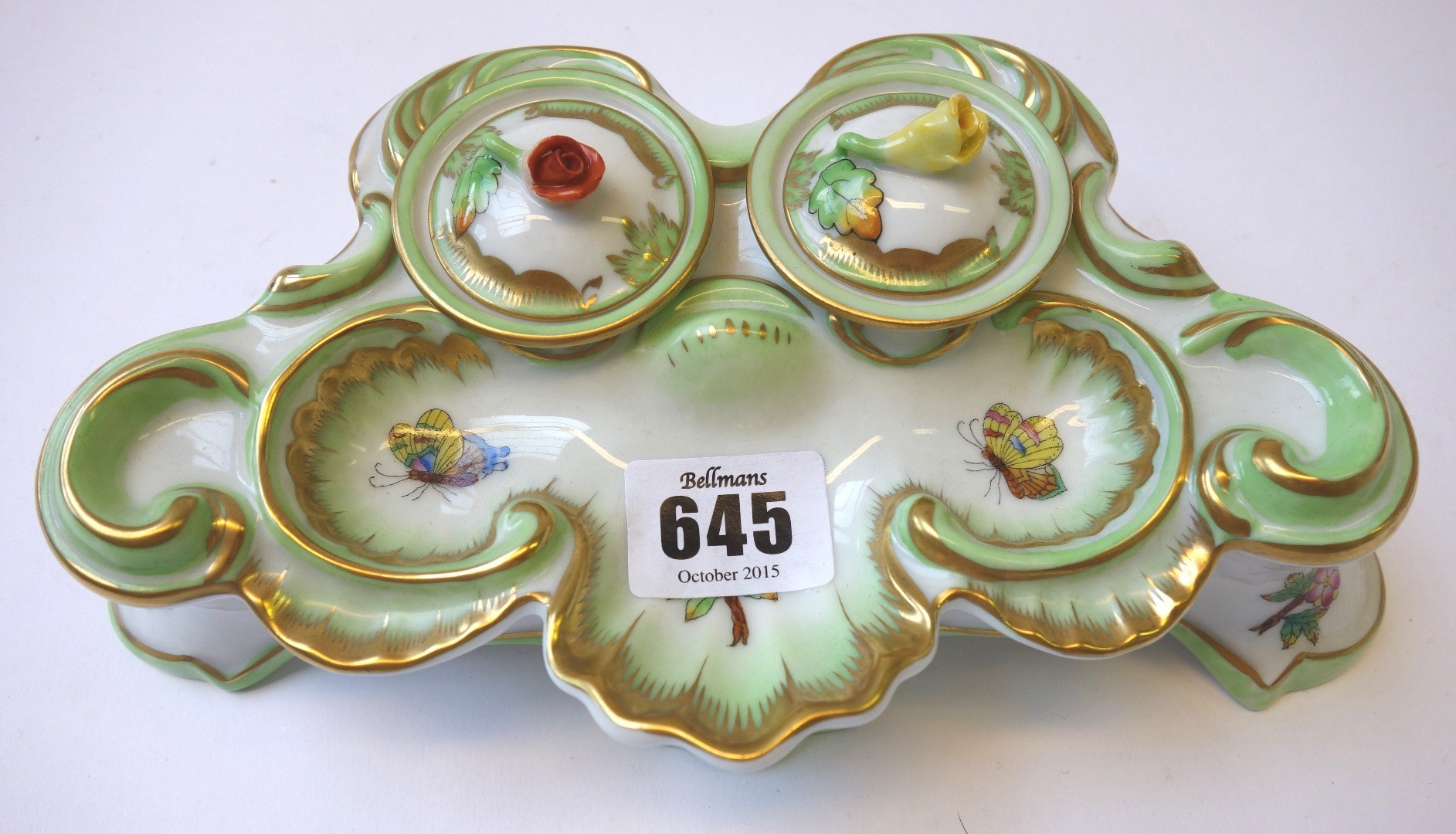 Appraisal: A Herend porcelain desk stand decorated with butterflies against a