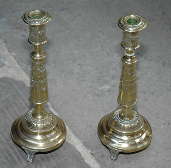 Appraisal: A PAIR OF TH CENTURY FRENCH BRASS CANDLESTICKS Each with