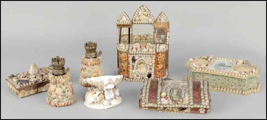 Appraisal: FOUR SHELL ART DECORATED BOXES Together with pair of shell