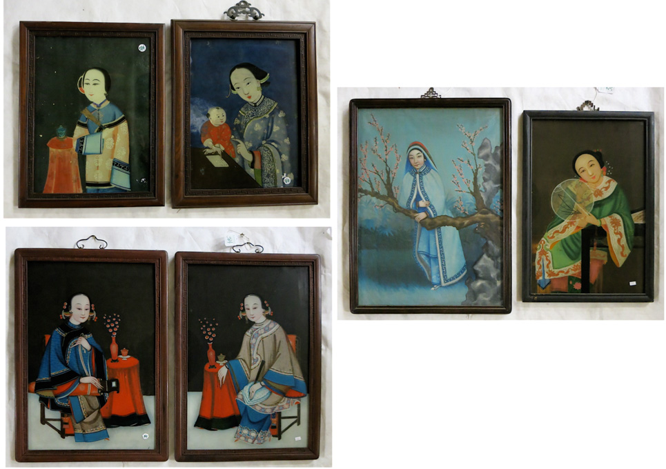 Appraisal: SIX CHINESE REVERSE PAINTED GLASS PORTRAITS in wood frames Lengths