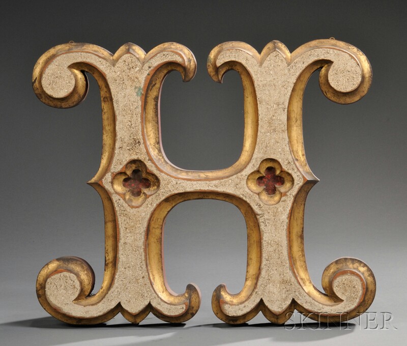 Appraisal: Fancy Carved Painted and Gilded Wooden Letter H late th