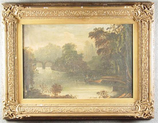 Appraisal: Oil on Canvas Two men in rowboat on river with