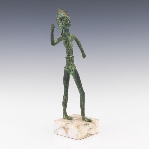 Appraisal: REPRODUCTION ETRUSCAN BRONZE WARRIOR Elongated figure standing with left leg