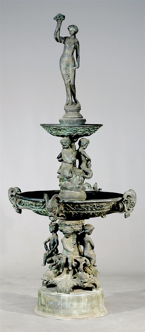 Appraisal: Bronze figural tiered garden fountain surmounted with maiden holding cornucopia