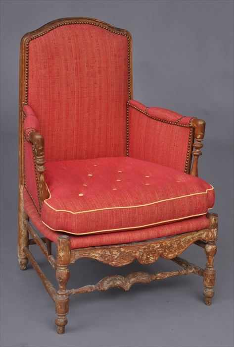 Appraisal: FRENCH PROVINCIAL WALNUT BERGERE A LA REINE The padded back