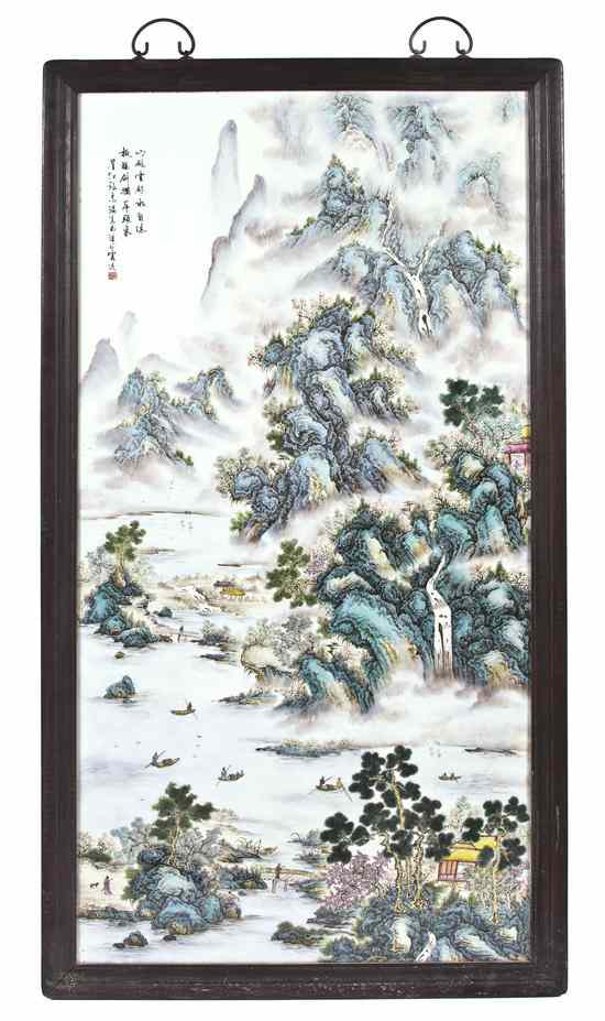 Appraisal: A Large Chinese Porcelain Plaque depicting a fishing village nestled