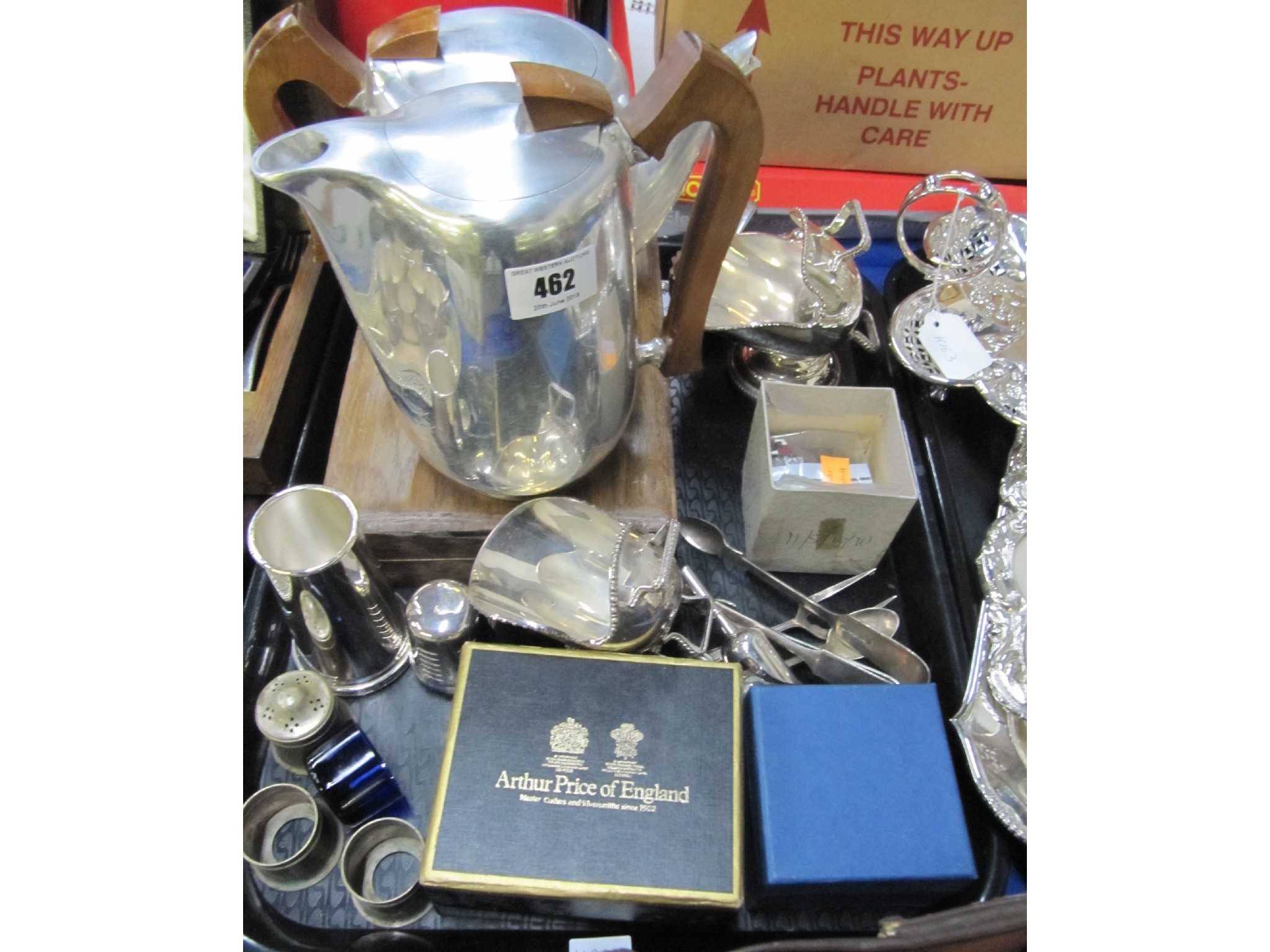 Appraisal: A tray lot of metalware - picquot ware pots condiment