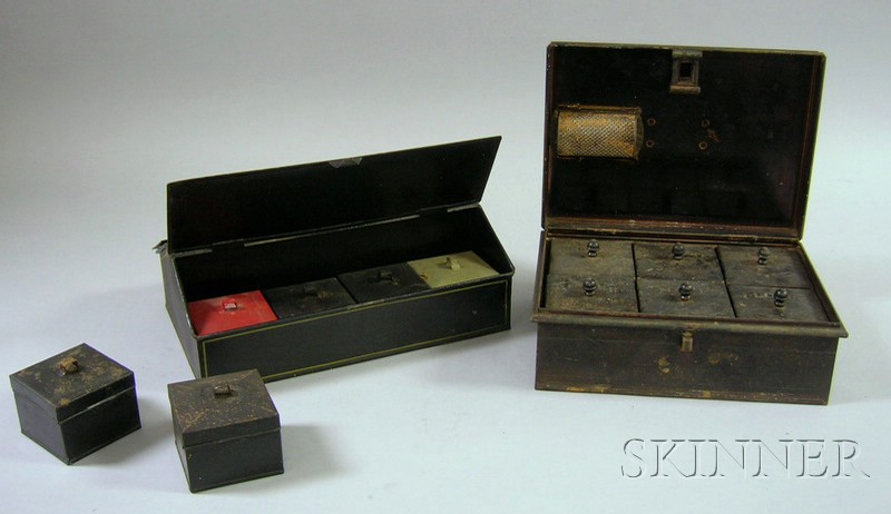 Appraisal: Two Painted and Stencil Decorated Tin Spice Boxes with Canisters