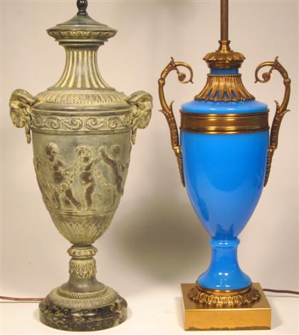 Appraisal: French gilt metal mounted blue glass urnFlanked with gilt metal