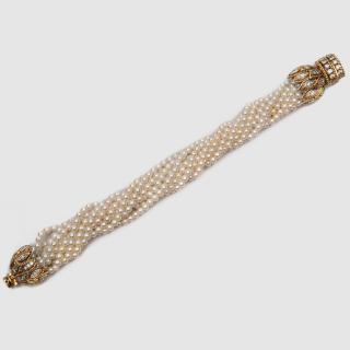 Appraisal: K Yellow Gold Pearl and Diamond Bracelet K Yellow Gold