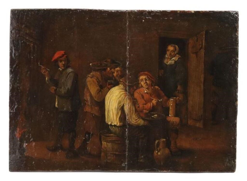 Appraisal: Dutch School oil on panel painting Tavern Scene panel split