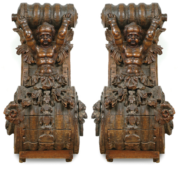 Appraisal: AN IMPRESSIVE PAIR OF TH CENTURY ITALIAN WALNUT CORBELS Each